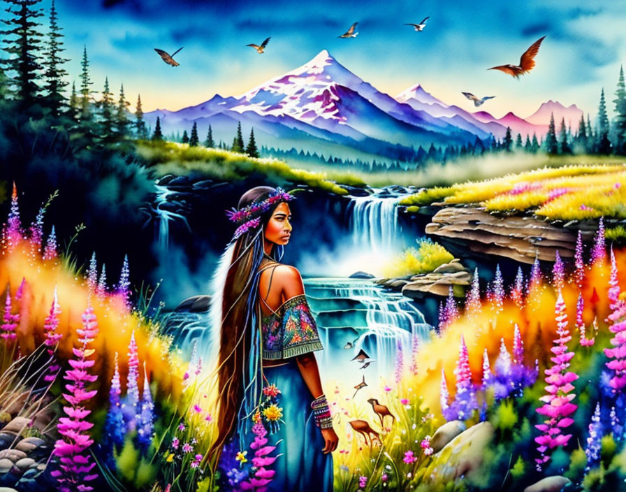 Vibrant traditional attire woman in scenic landscape.
