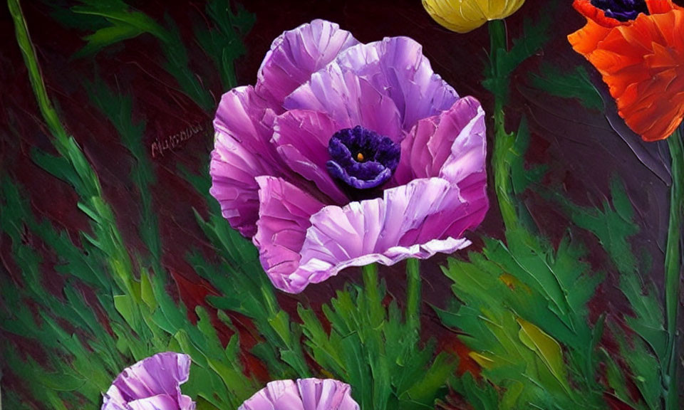 Colorful painting of large purple poppy and flowers in green foliage