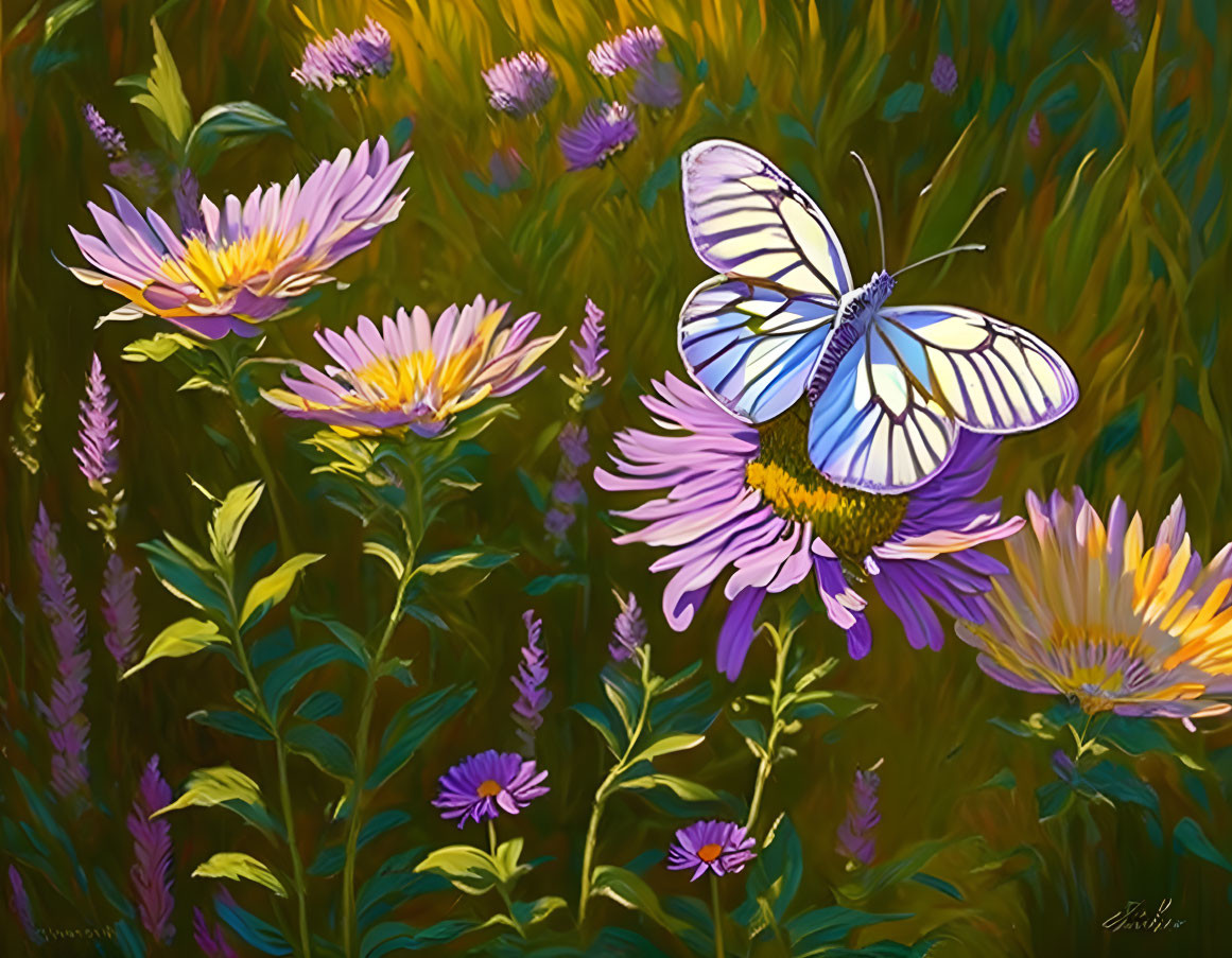 Colorful Painting of White Butterfly on Pink Daisies in Meadow