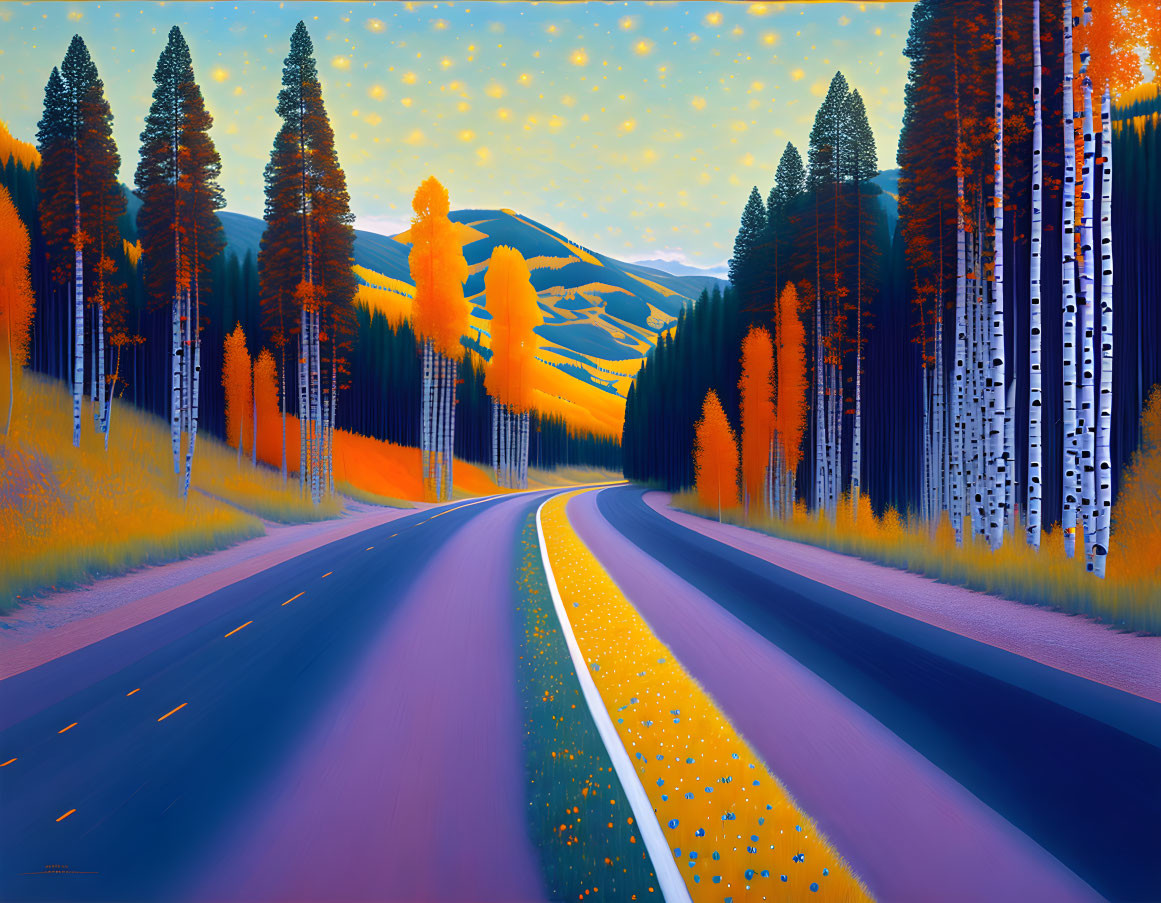 Colorful autumn forest painting with open road & starry sky
