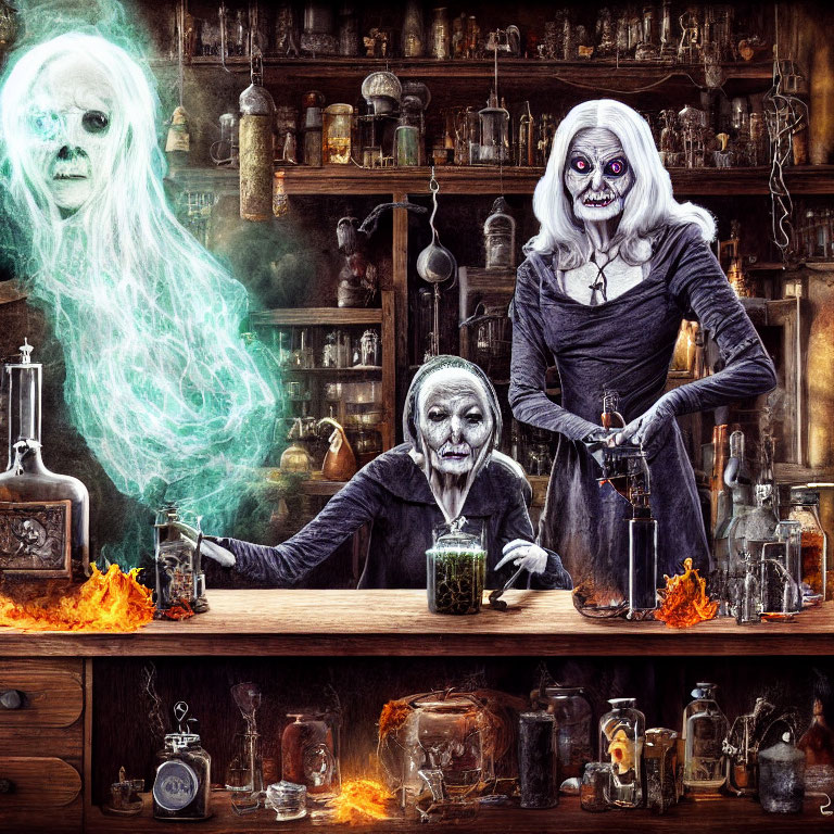 Dark Apothecary Scene with Spooky Witch Figures
