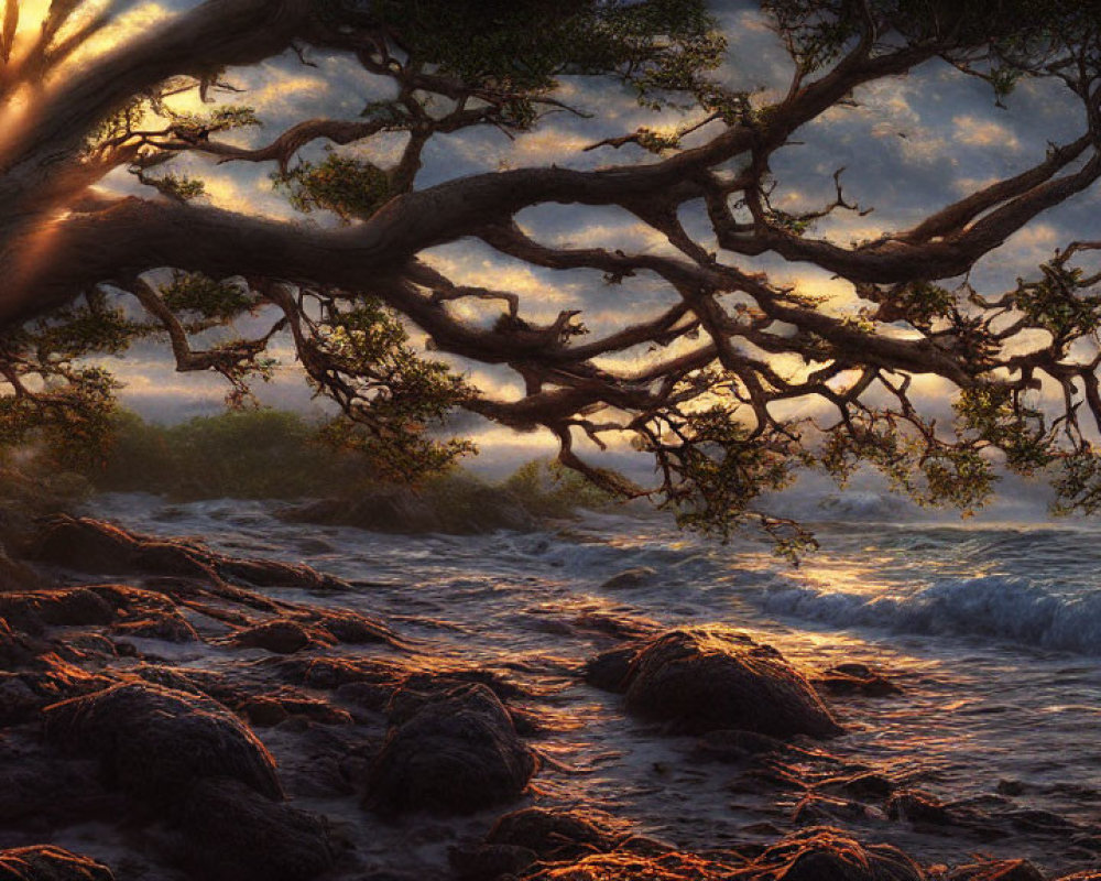Majestic tree with sprawling branches against rocky shoreline at golden sunset