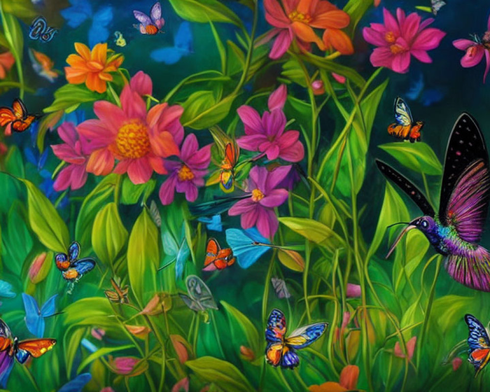 Colorful Floral Painting with Butterflies and Hummingbird