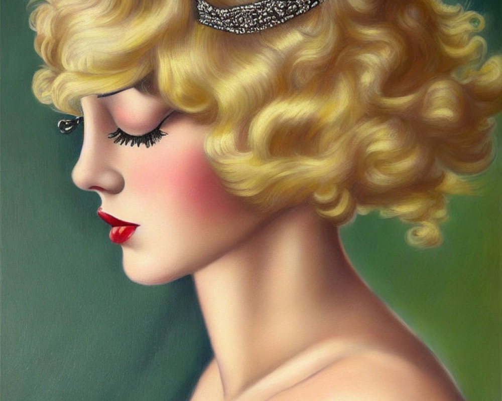 Vintage-style portrait of a woman with golden curly hair, headpiece, red lipstick, and closed eyes
