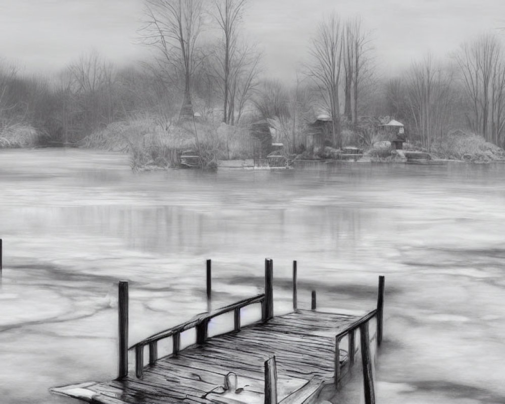 Serene monochrome frozen lake with dock and misty background
