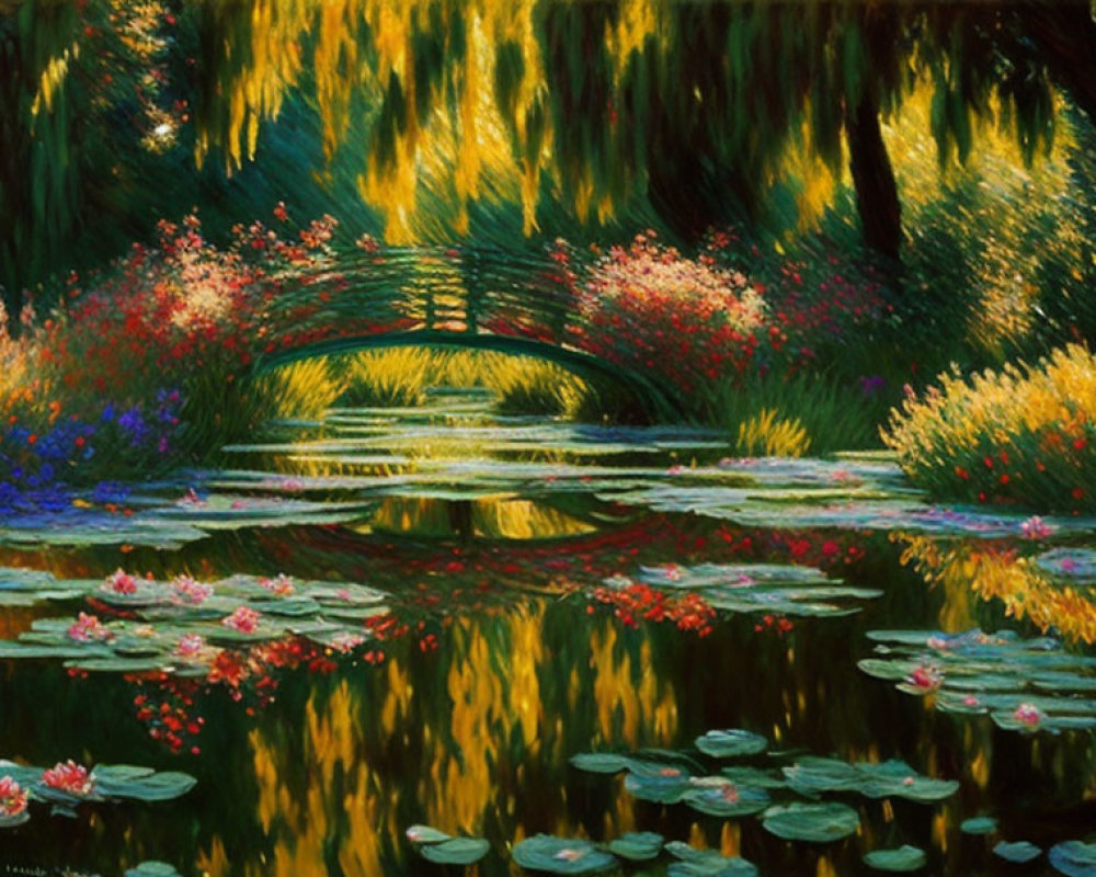 Tranquil pond with water lilies, colorful flowers, and small bridge