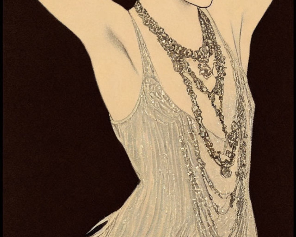 1920s flapper in beaded dress with raised arms