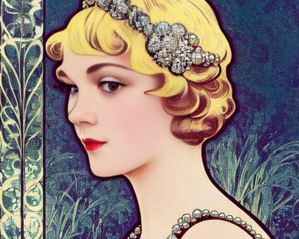 Art Deco Woman Illustration with Bob Haircut & Bejeweled Headband