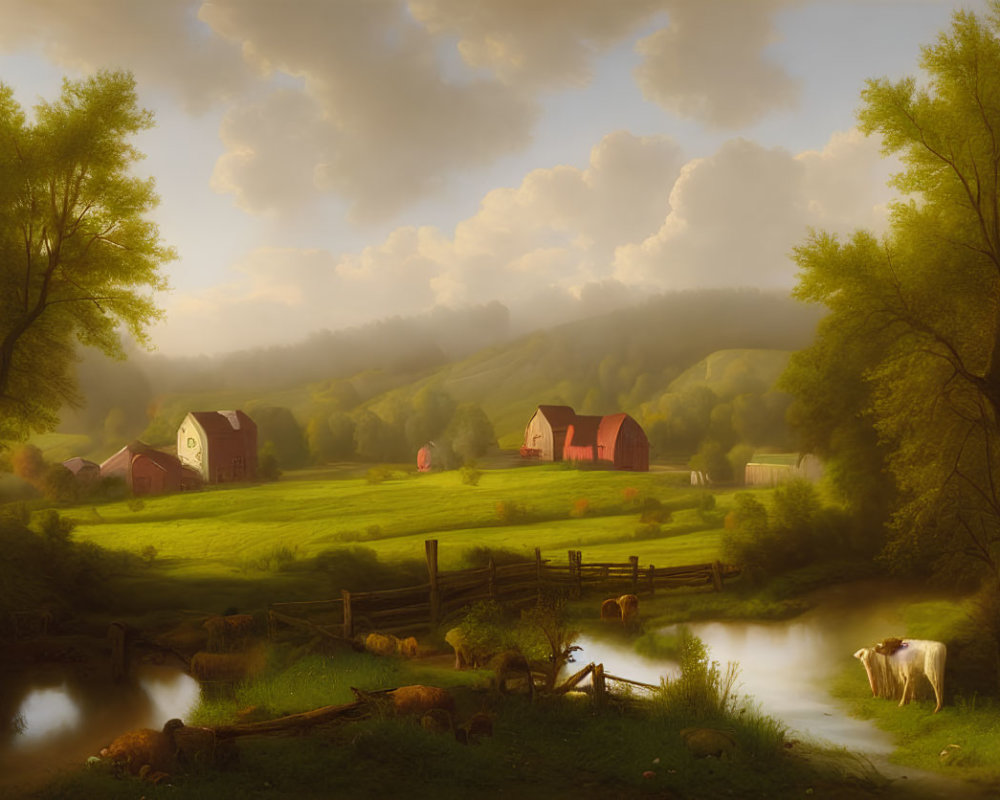 Rural landscape with red barns, green fields, pond, sheep, and misty hills at