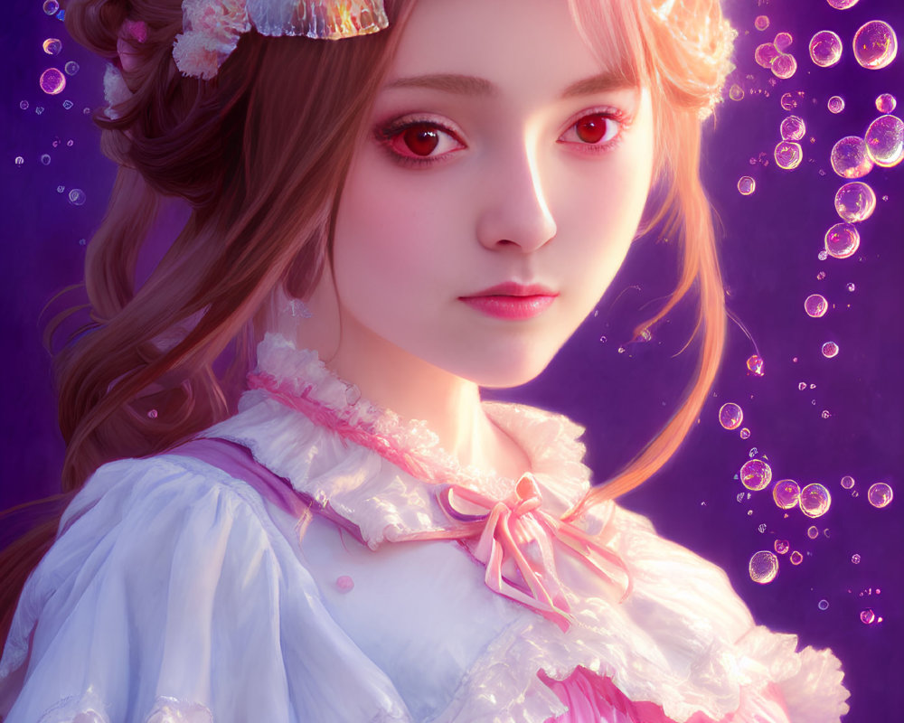 Portrait of young woman with red eyes in pink dress surrounded by bubbles on purple background