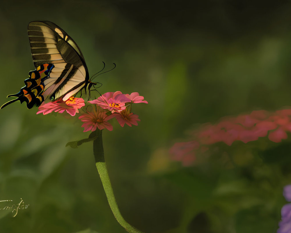 Swallowtail Butterfly on Pink Zinnia Flowers with Green and Pink Blooms