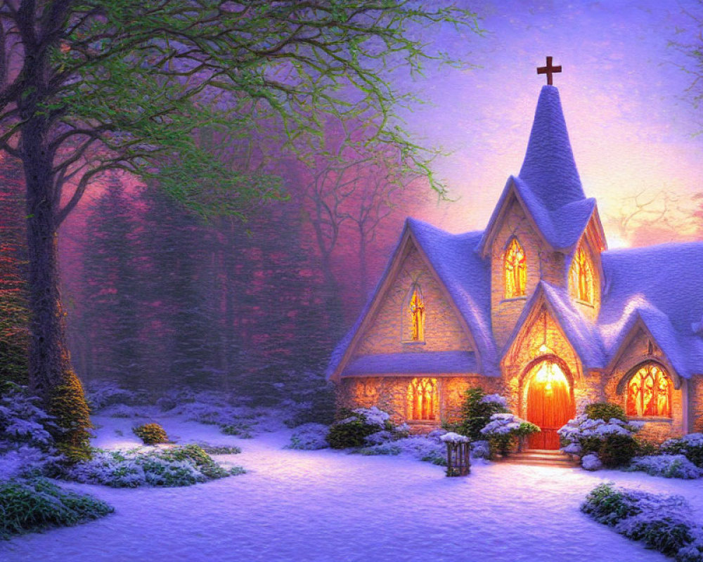 Snowy Forest Chapel with Glowing Windows at Twilight