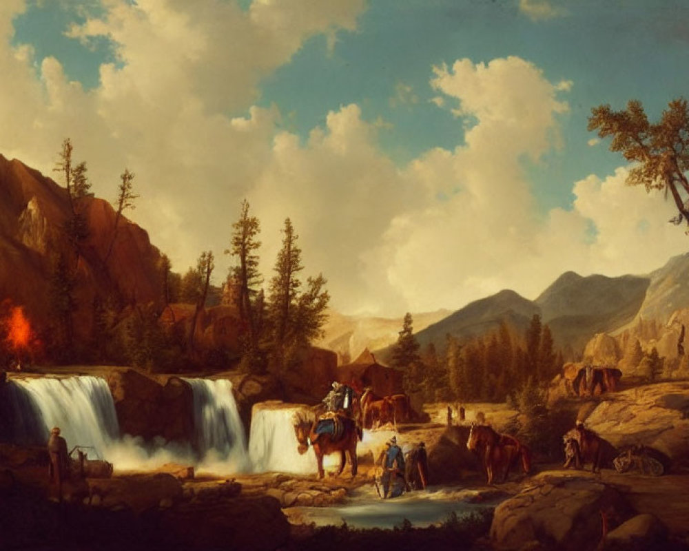 19th-Century Painting: Travelers on Horseback & Covered Wagon in Mountain Landscape