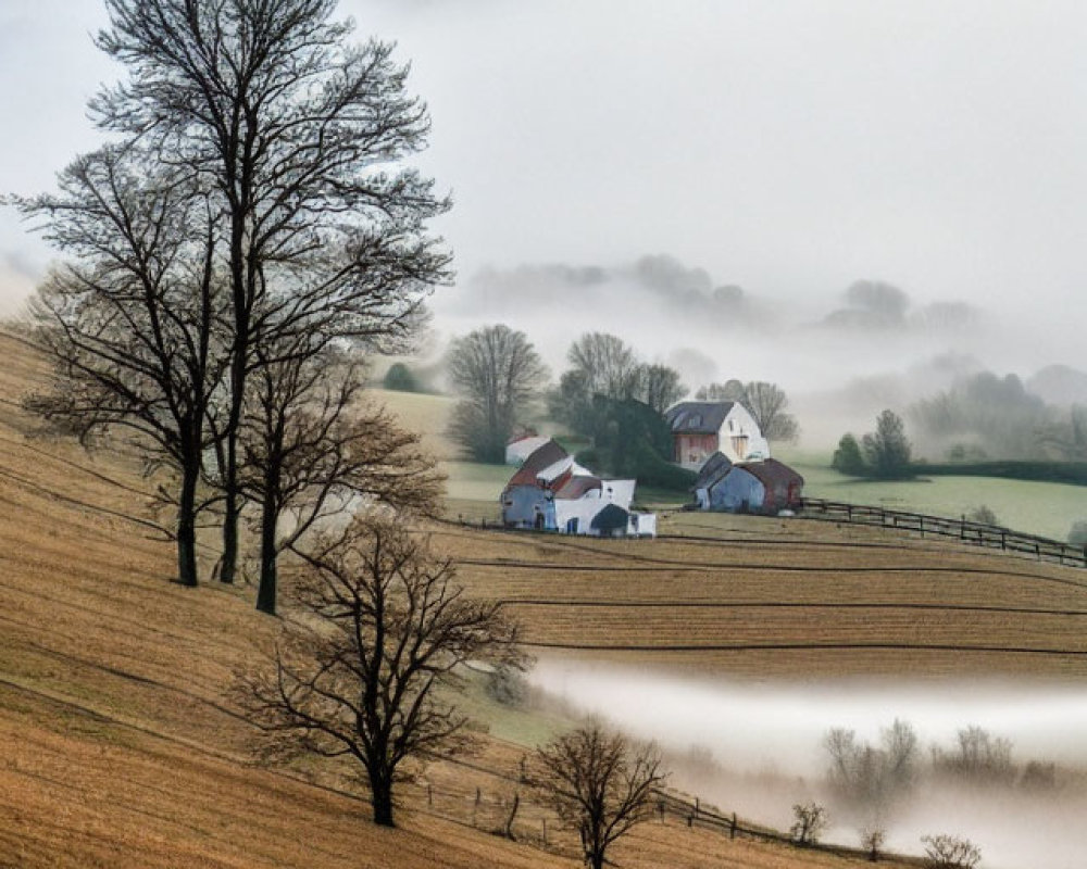 Tranquil rural landscape with rolling hills and mist-covered fields