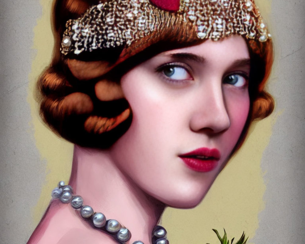 1920s Fashion Portrait with Beaded Headband and Red Lipstick
