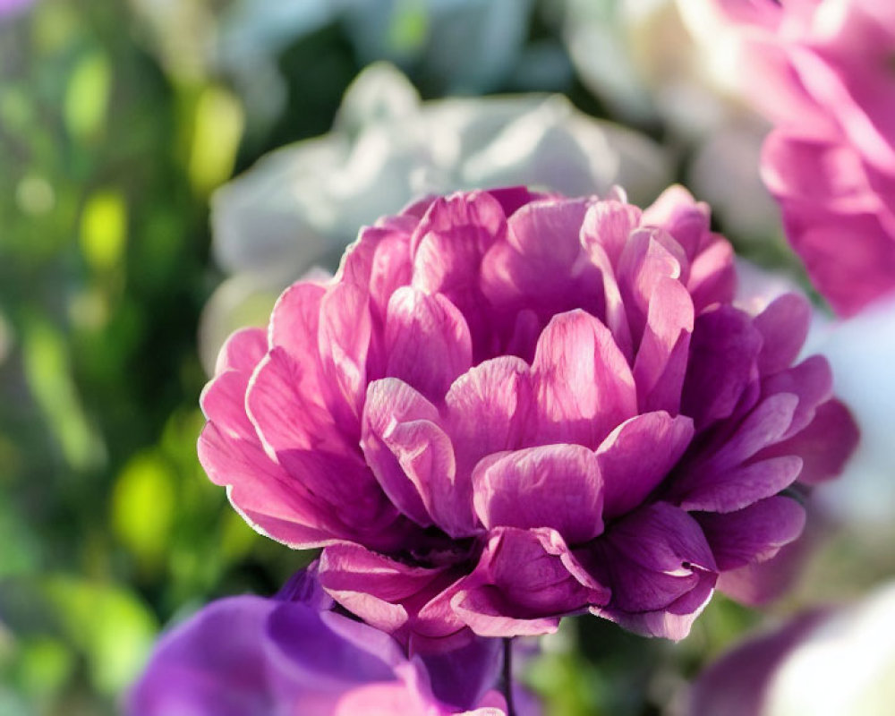 Vibrant purple peony in full bloom against blurred greenery and flowers