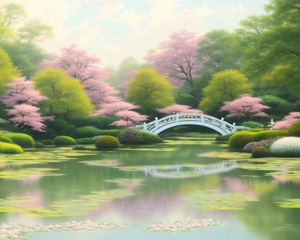 Tranquil garden with arched bridge, cherry trees, and pond