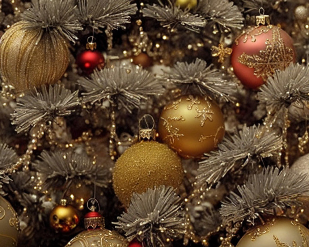 Decorated Christmas tree with gold and red baubles and silver tinsel