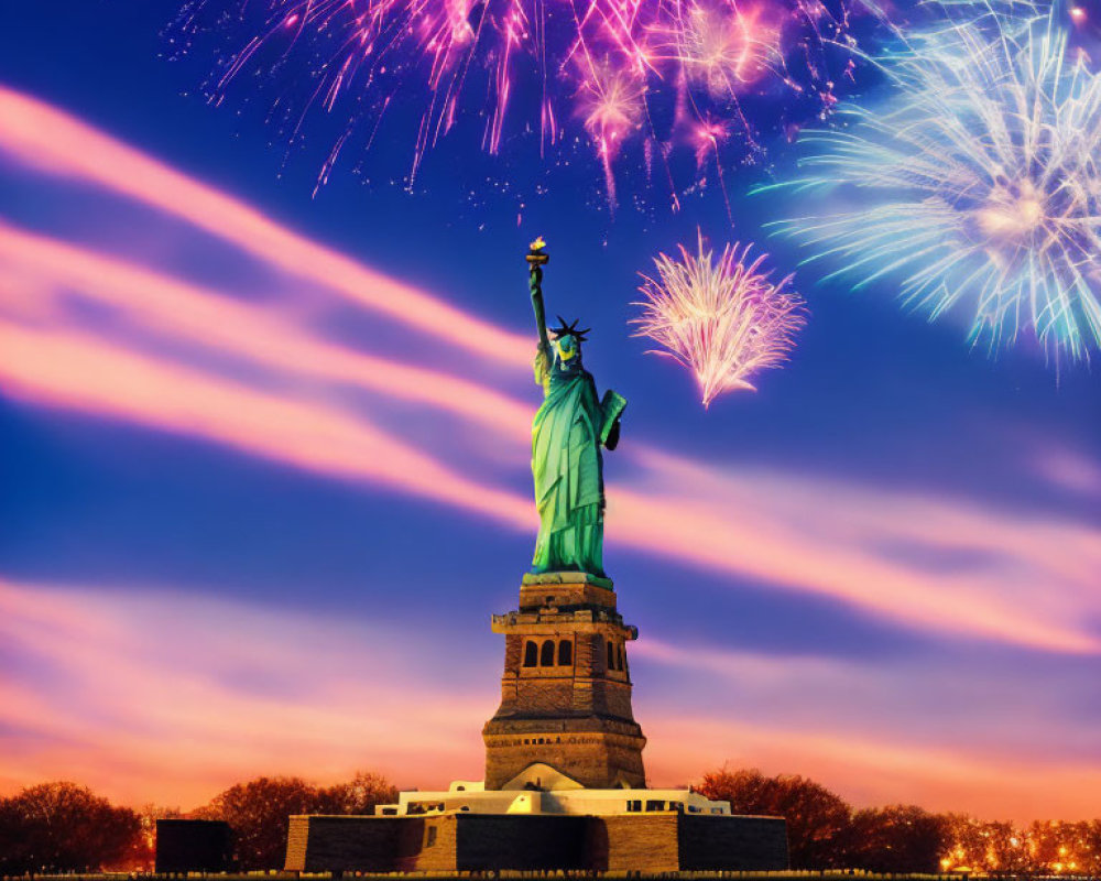 Iconic Statue of Liberty silhouette with vibrant sunset fireworks