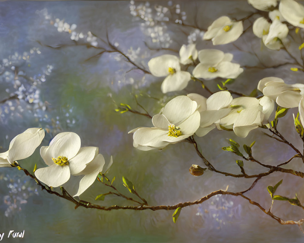 Tranquil painting: Blooming dogwood tree in serene spring setting