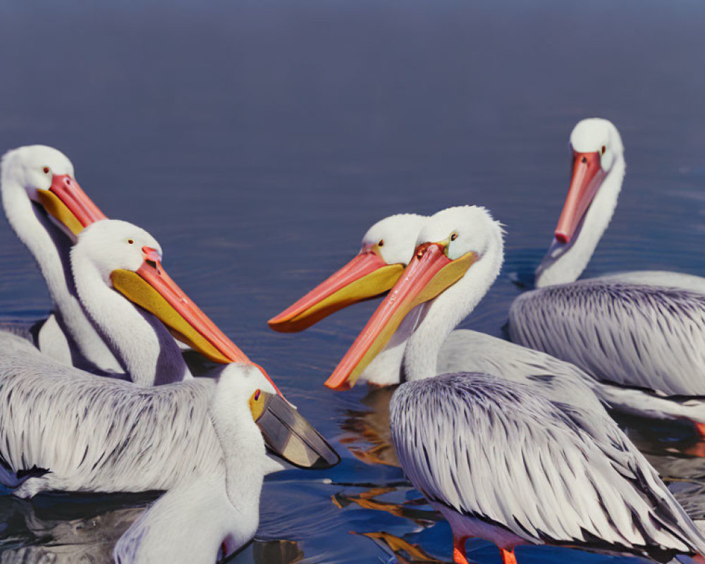 White Pelicans with Orange Beaks on Blue Water
