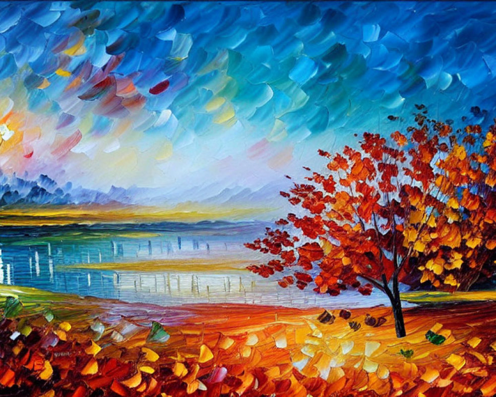 Colorful Autumn Tree by Serene Lake in Vibrant Oil Painting