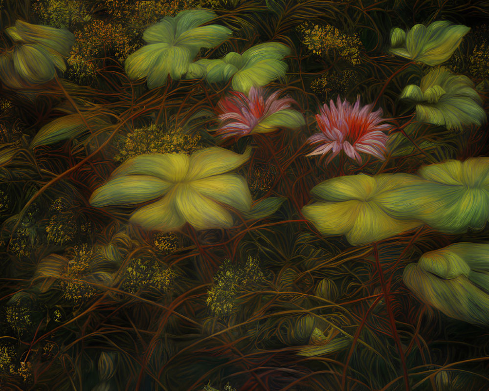 Stylized digital art: Glowing green and red flowers in dark foliage