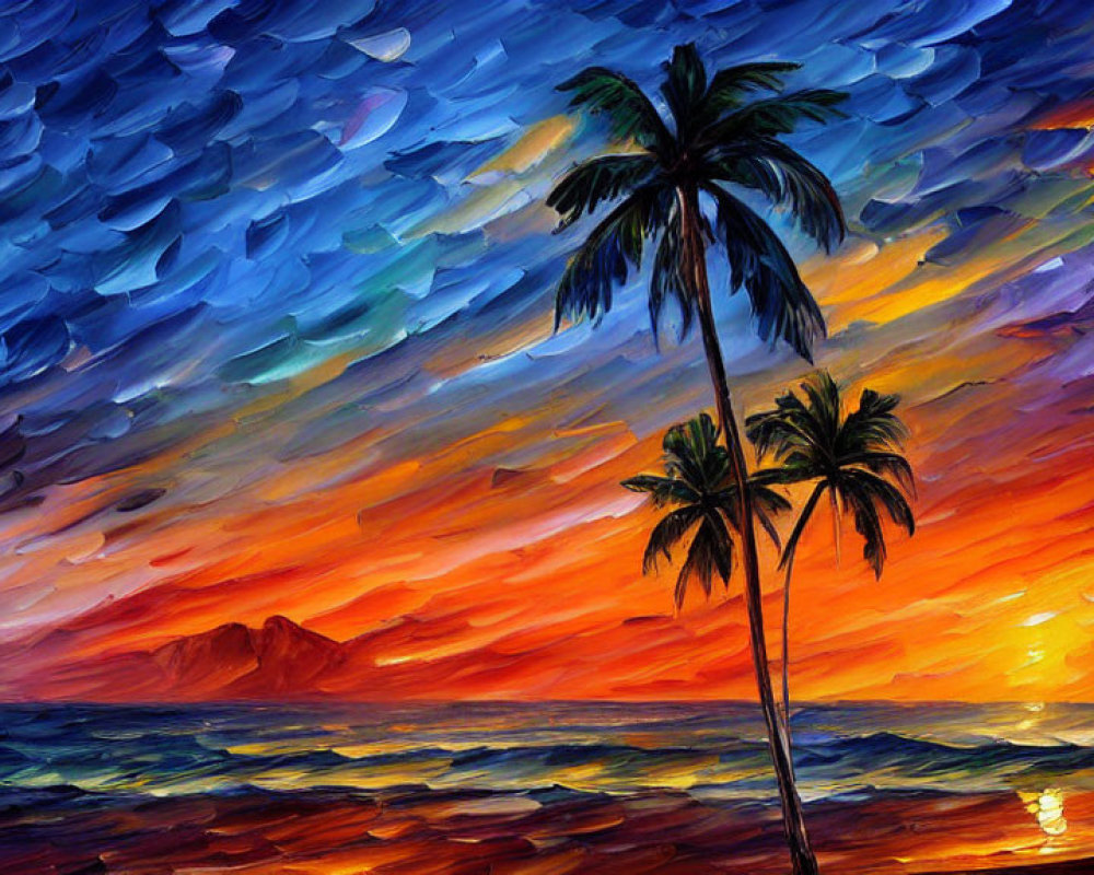 Colorful Tropical Sunset Painting with Palm Trees and Ocean Waves