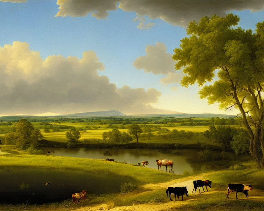 Countryside scene with cows, pond, trees, fields, and sky