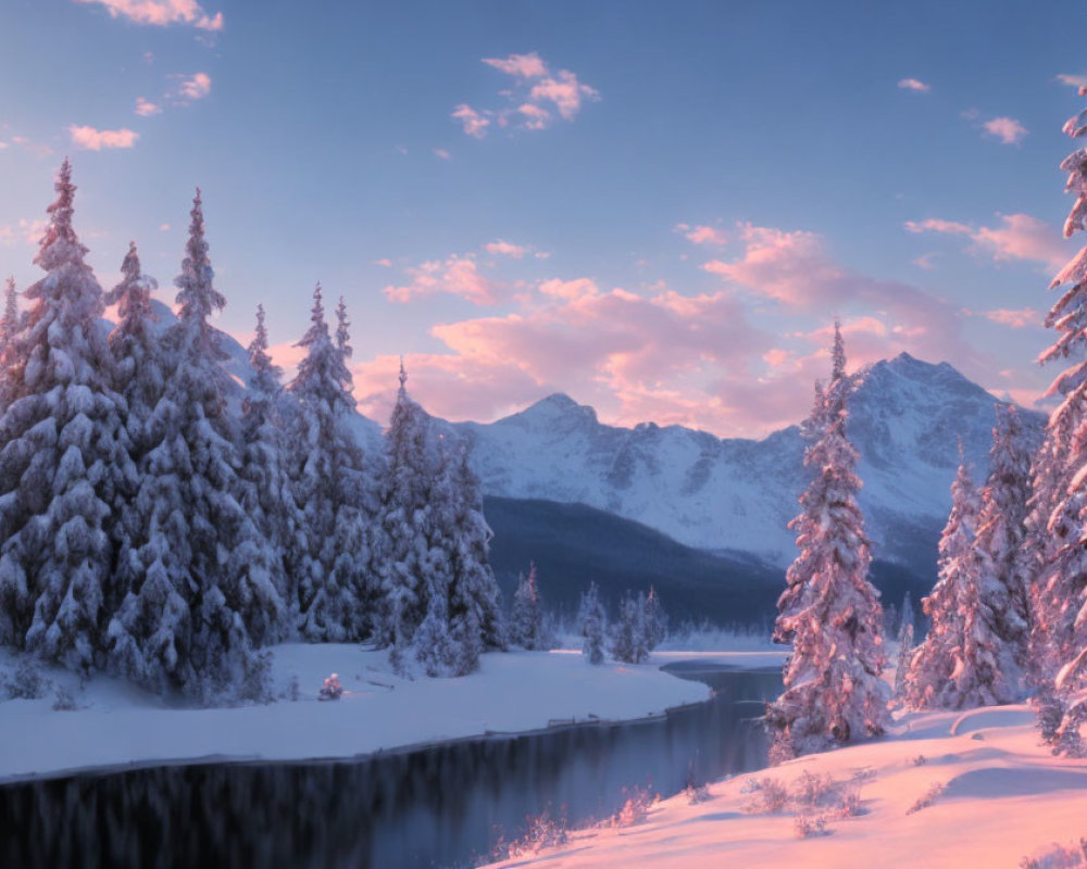 Winter landscape: Snowy trees, mountains, and pink sunrise over a serene river