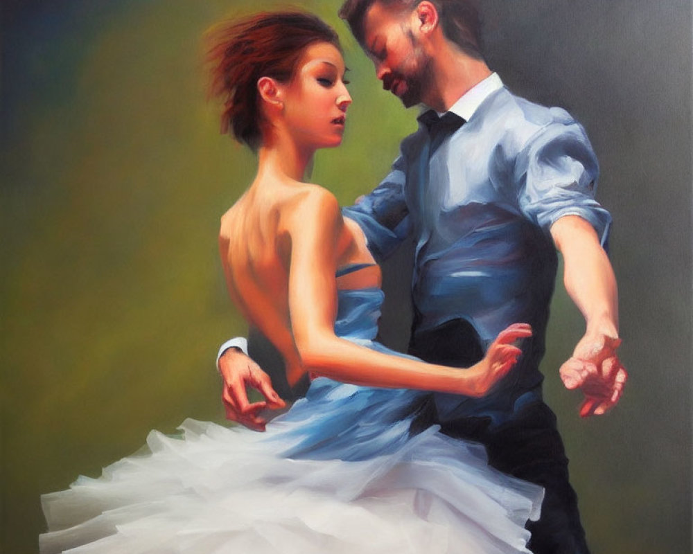 Passionate dance painting: man and woman in flowing attire