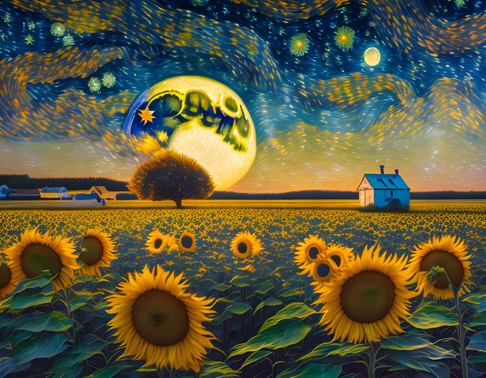 Sunflower Field on a Moonlit Night