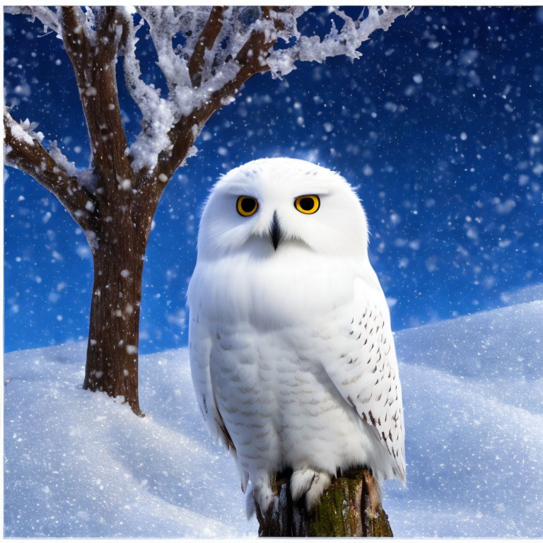 Snowy owl on stump in snow-covered forest with falling snowflakes