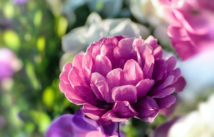 Vibrant purple peony in full bloom against blurred greenery and flowers