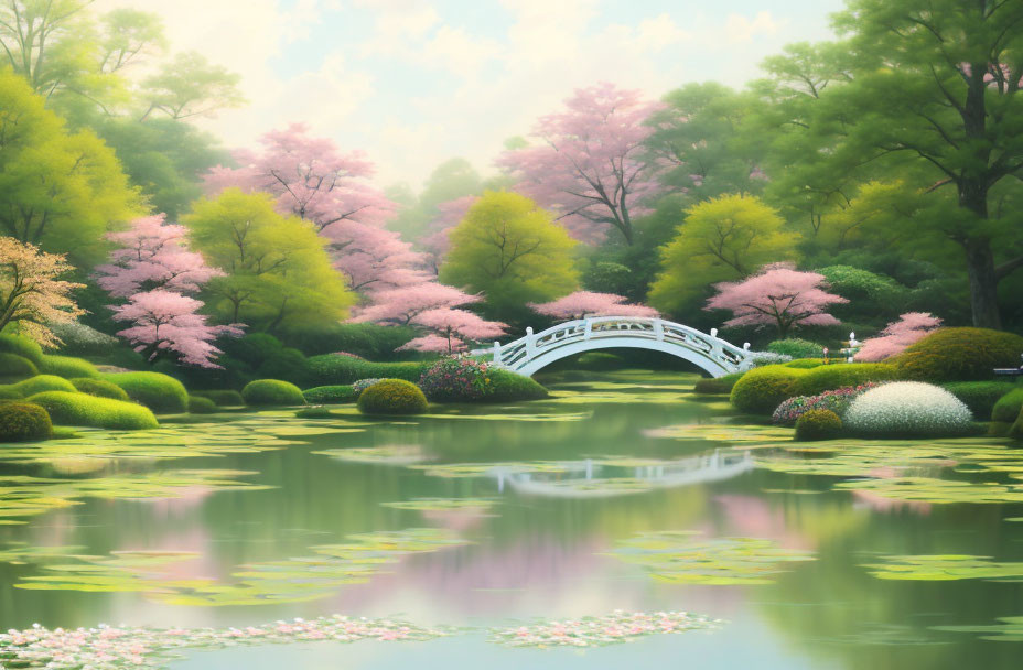 Tranquil garden with arched bridge, cherry trees, and pond