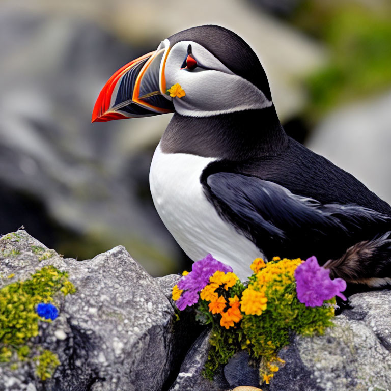 Vibrant puffin on rocky ledge with colorful flowers.