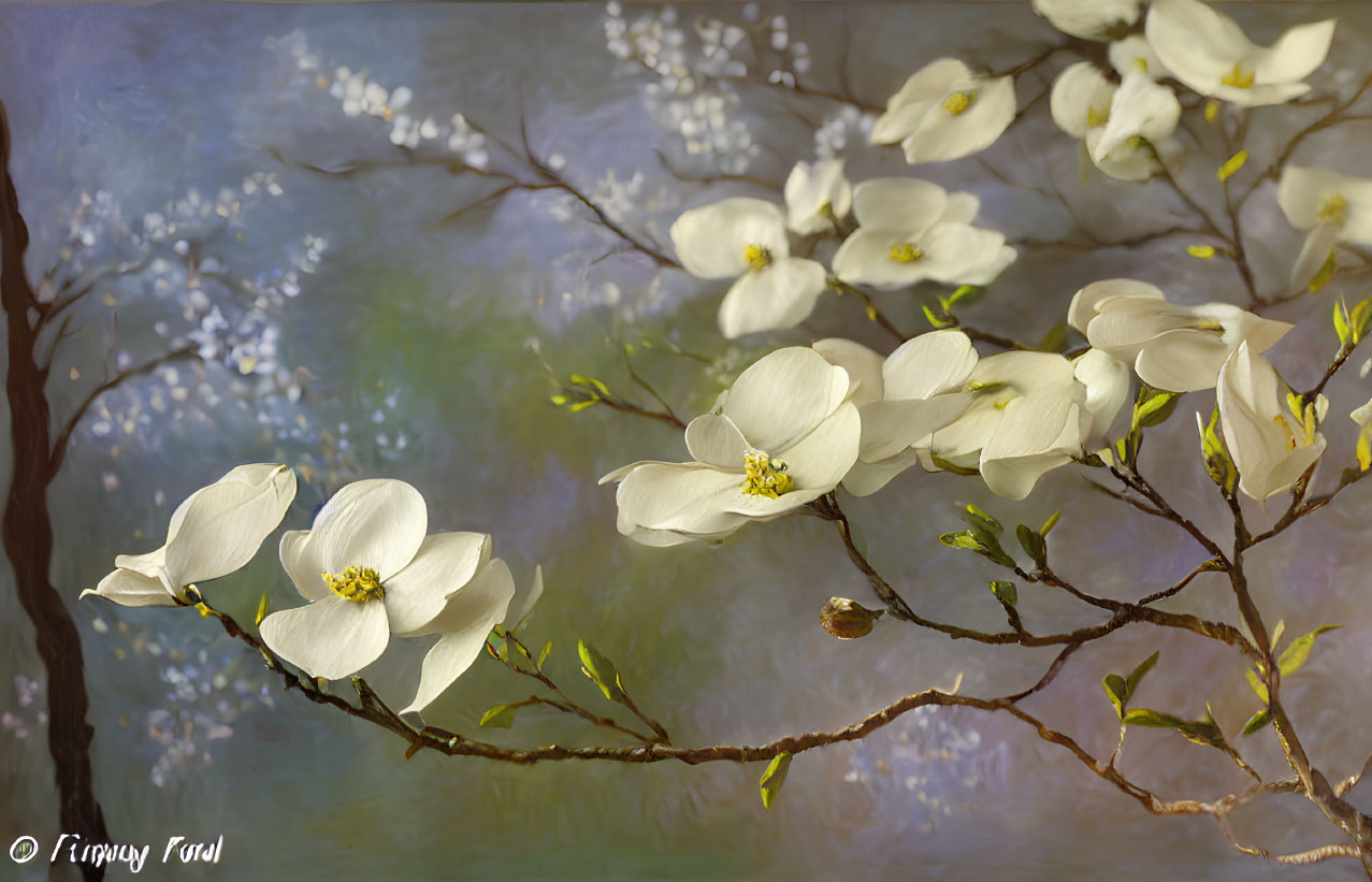 Tranquil painting: Blooming dogwood tree in serene spring setting