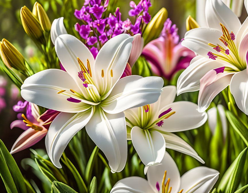 White Lilies with Purple Stamens Surrounded by Greenery and Delicate Flowers