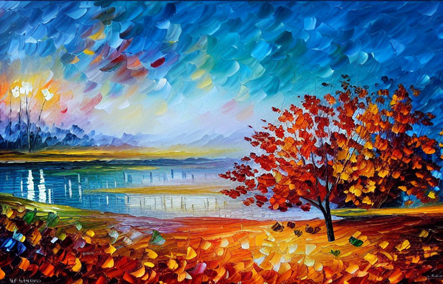 Colorful Autumn Tree by Serene Lake in Vibrant Oil Painting