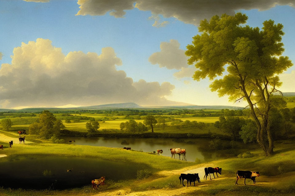 Countryside scene with cows, pond, trees, fields, and sky