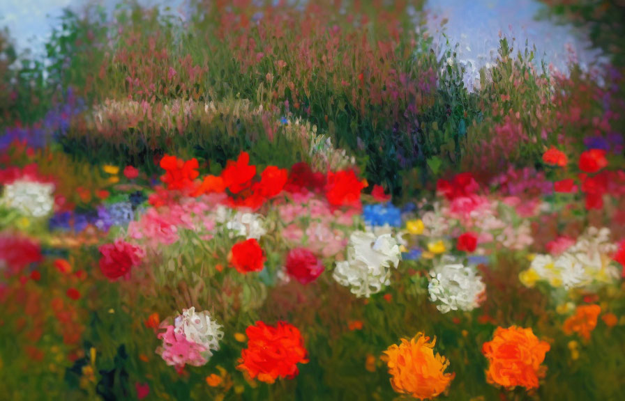 Vibrant Flower Garden Painting with Red, White, and Orange Blooms