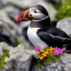 Vibrant puffin on rocky ledge with colorful flowers.
