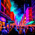 Vibrant nighttime city street scene with crowds, colorful lights, and festive atmosphere