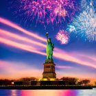 Iconic Statue of Liberty silhouette with vibrant sunset fireworks