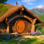 Thatched roof wooden cottage in serene meadow with round door