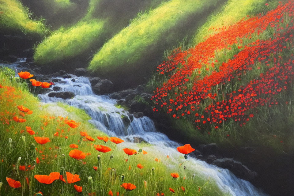 Lush greenery and red poppies in vibrant stream painting
