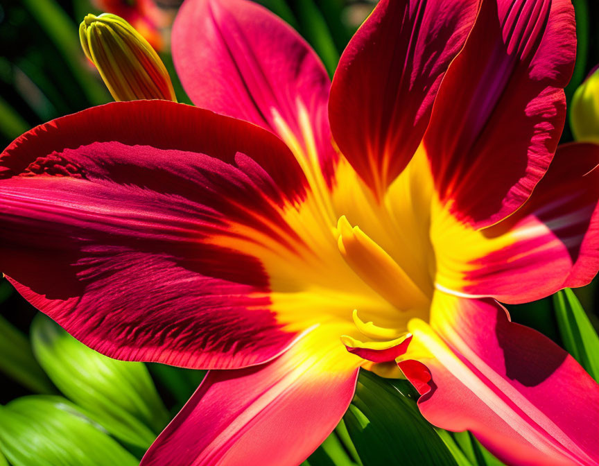 Vibrant red and yellow tulip with visible petal textures on green background
