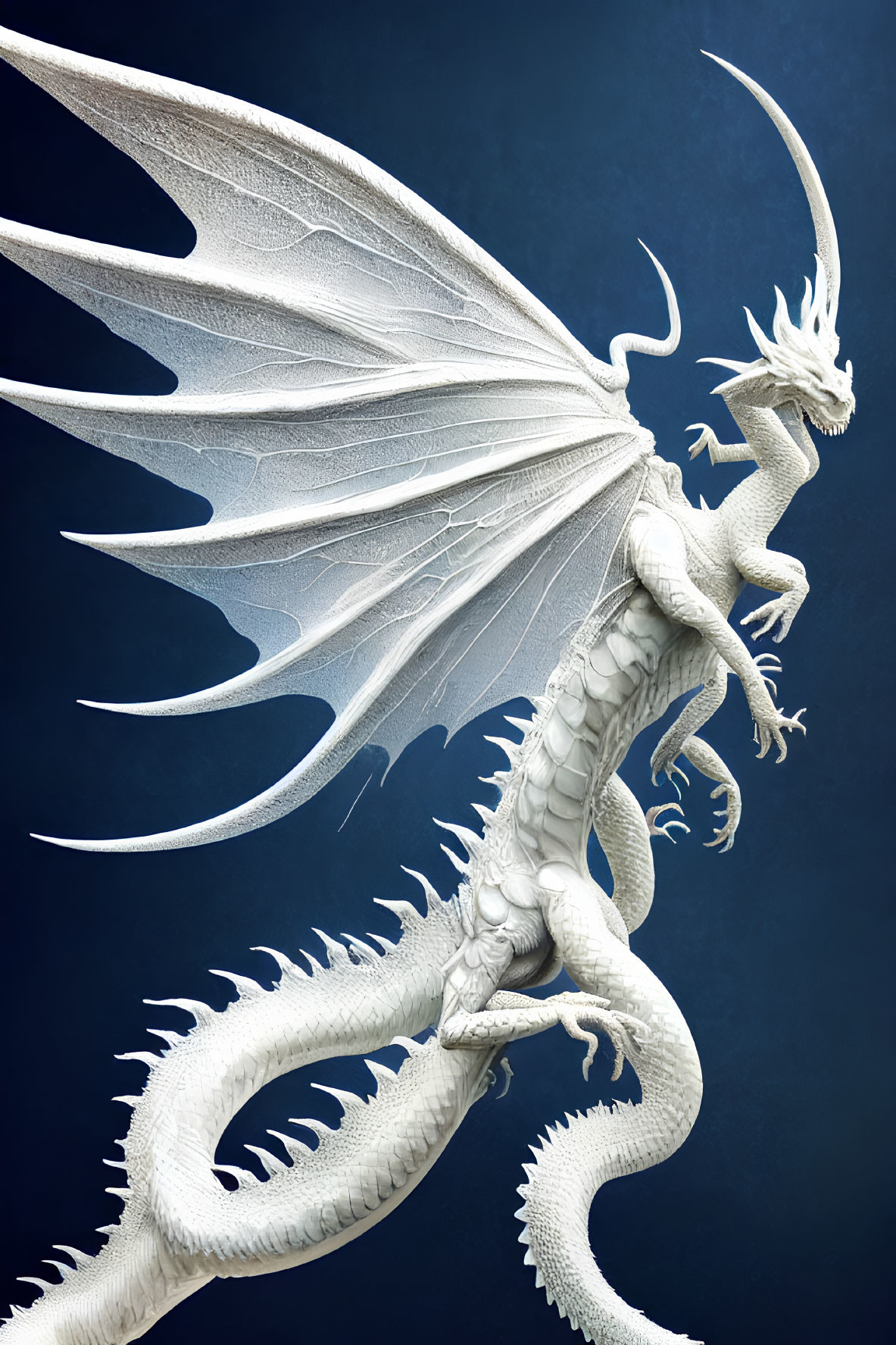 White dragon with expansive wings and intricate horned head on dark blue background