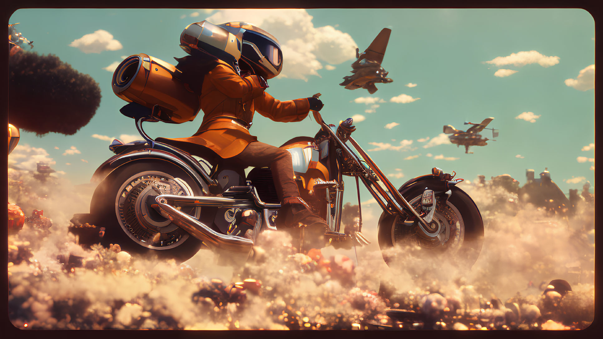 Futuristic person on motorcycle in vibrant floral landscape