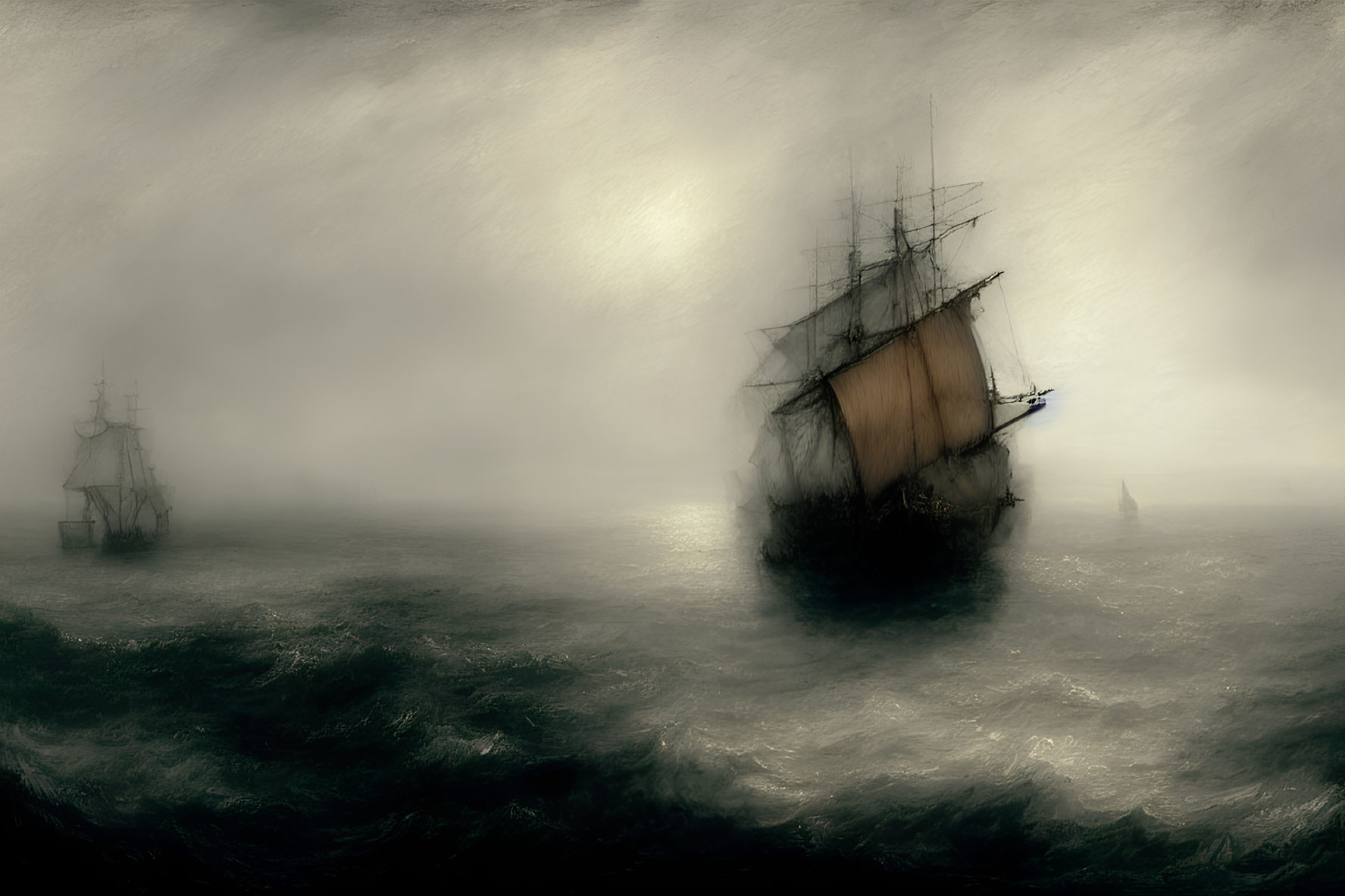 Sailing ships with billowing sails in dense fog over tumultuous sea